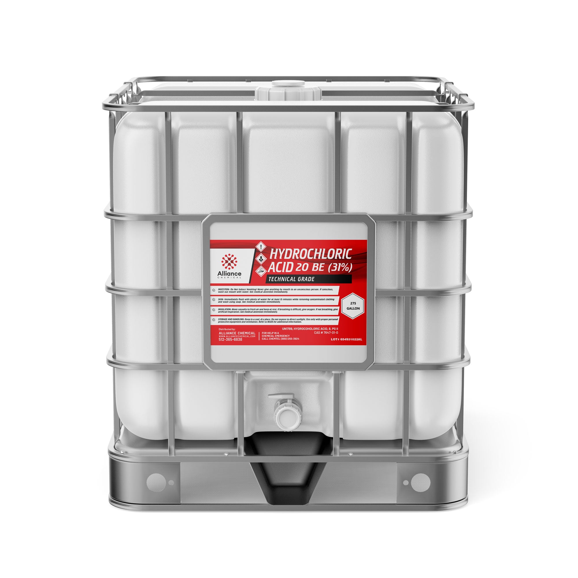 275-gallon IBC tote of Hydrochloric Acid 20 BE (31%) Technical Grade with metal cage frame, hazard symbols, and bottom discharge valve.